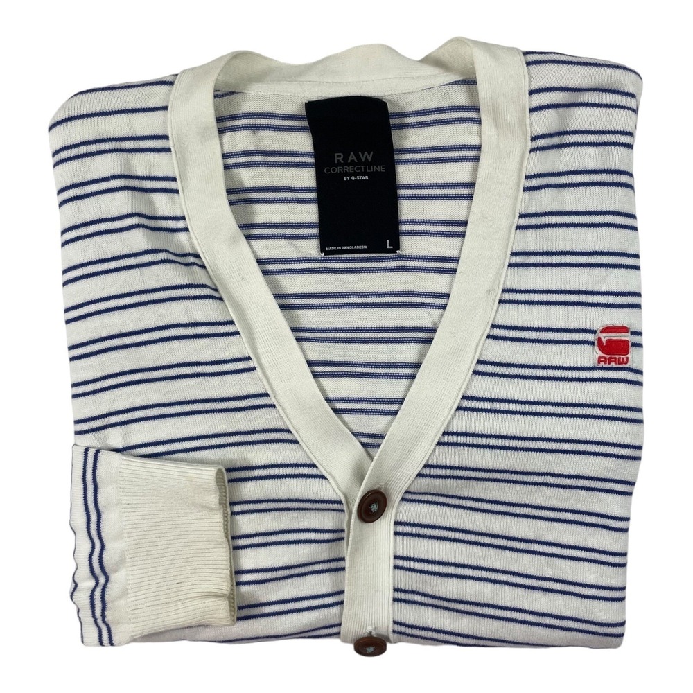 G-Star Raw Correct Line‎ White Blue Striped Mens Cotton Cardigan Size Large